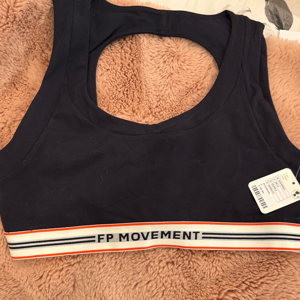 FP Movement by Free People Navy Sports Bra with Orange-Trim Striped Band
